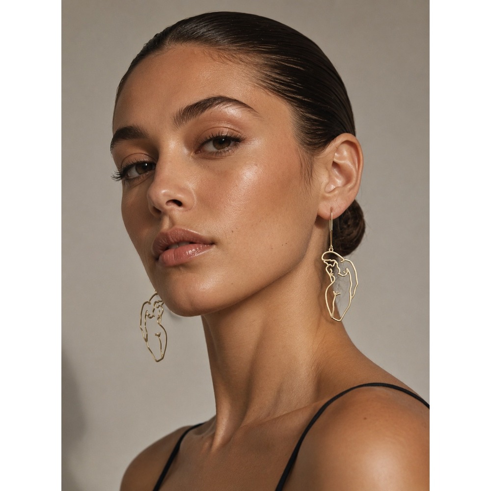 Gold Minimalist Female Silhouette Line Art Dangle‎ Earrings Modern Wire Drip